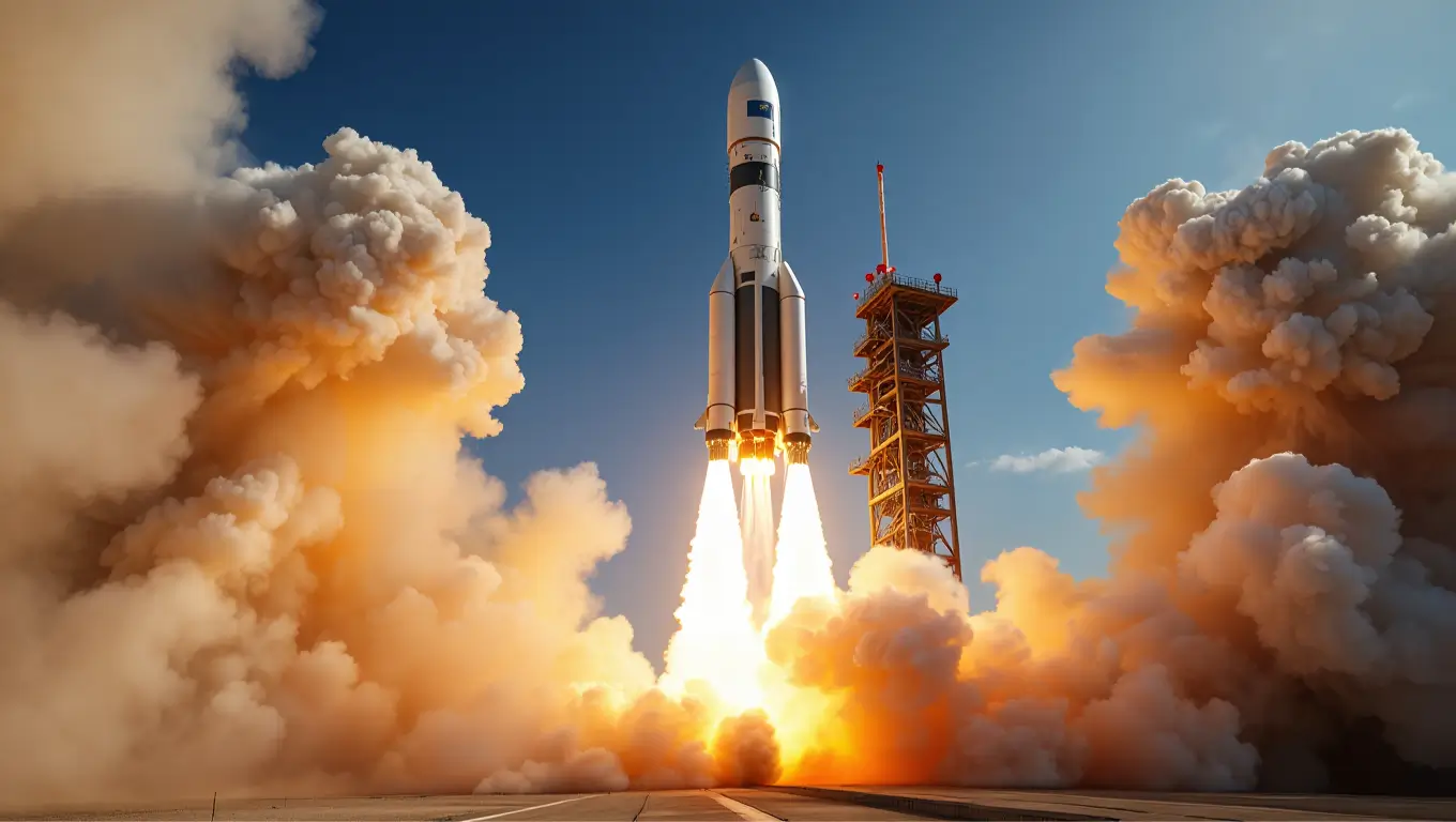 Décollage d’une fusée libérant flammes et fumée depuis son pas de tir.