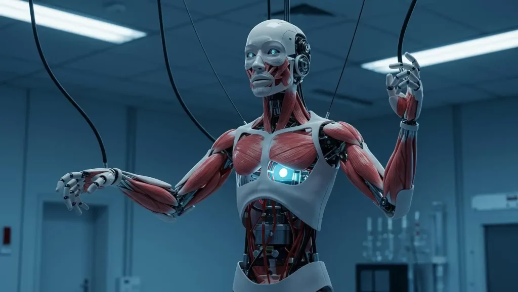 Robot humanoïde en laboratoire avec muscles artificiels apparents et structure mécanique futuriste