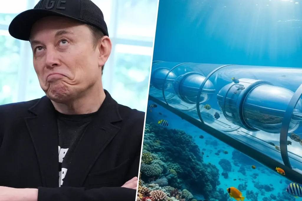 Montage illustrant Elon Musk et un projet futuriste de capsule sous-marine circulant dans un tunnel transparent.