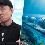 Montage illustrant Elon Musk et un projet futuriste de capsule sous-marine circulant dans un tunnel transparent.