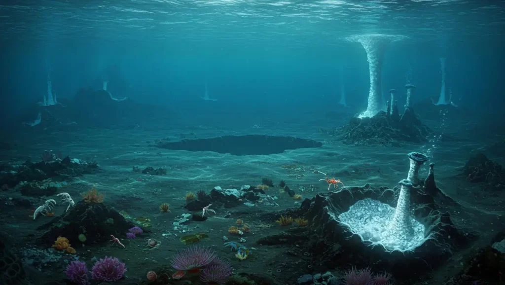 Reconstitution 3D d’un champ hydrothermal sous-marin avec cratères et cheminées minérales.