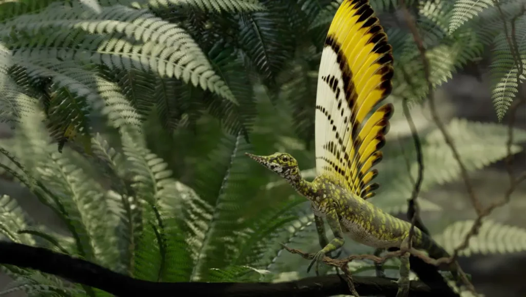 Représentation du Mirasaura grauvogeli avec sa grande voile dorsale colorée.