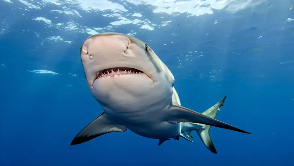 Gros plan d’un requin-bouledogue nageant en pleine mer, montrant ses dents acérées.