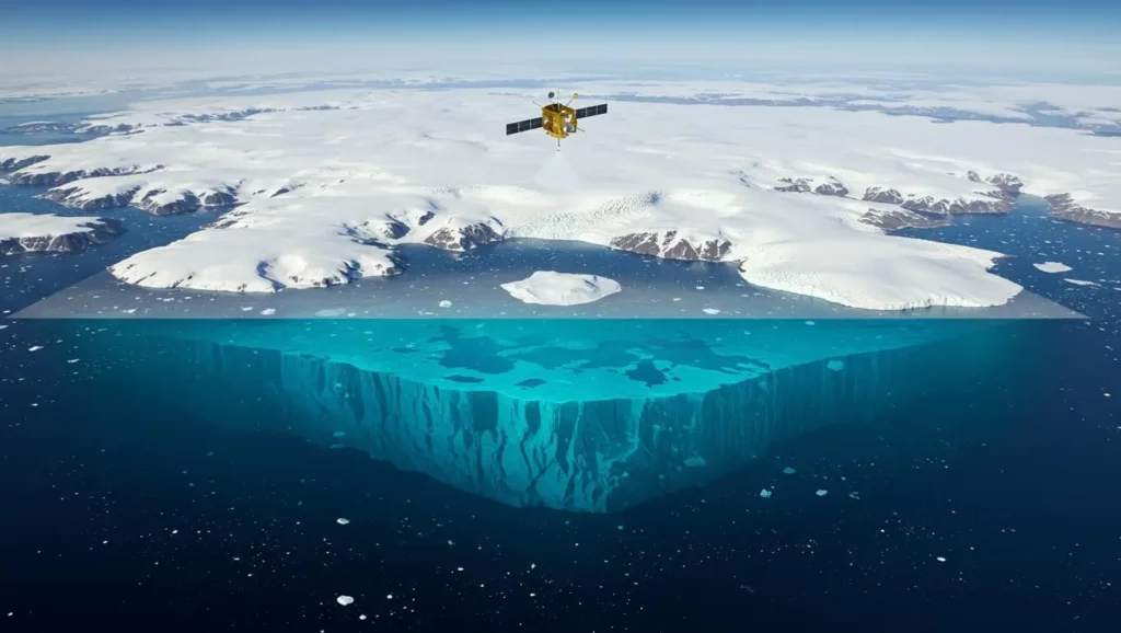 Illustration d’un satellite révélant un immense réservoir d’eau sous 4 km de glace en Antarctique.