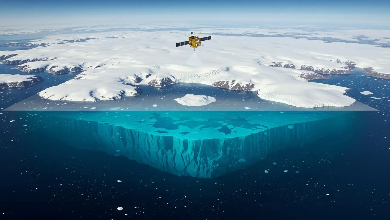 Illustration d’un satellite révélant un immense réservoir d’eau sous 4 km de glace en Antarctique.