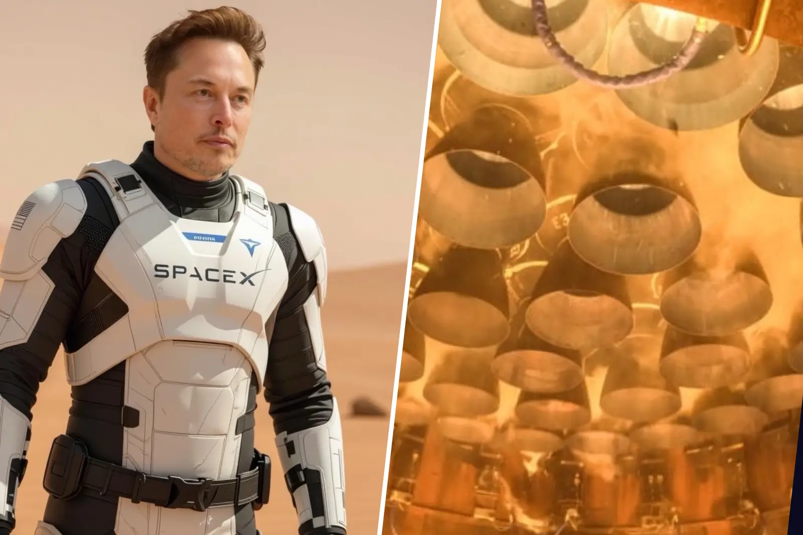 Montage montrant Elon Musk en combinaison spatiale SpaceX et les moteurs du vaisseau Starship en plein allumage.