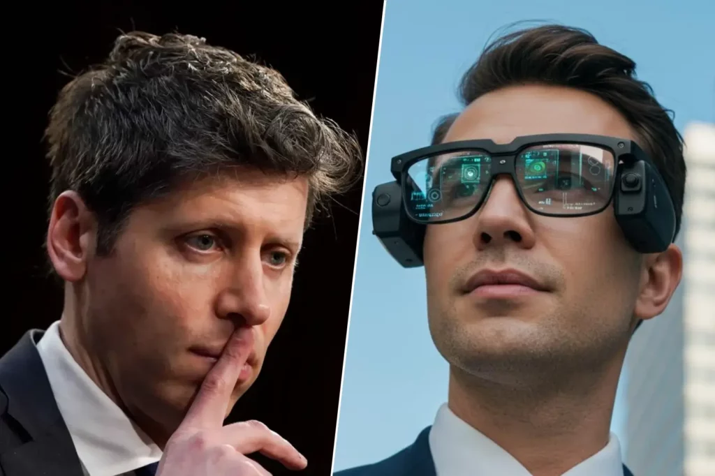 Sam Altman et un homme portant des lunettes connectées futuristes illustrant l’ambition d’OpenAI de développer une IA portable