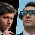 Sam Altman et un homme portant des lunettes connectées futuristes illustrant l’ambition d’OpenAI de développer une IA portable