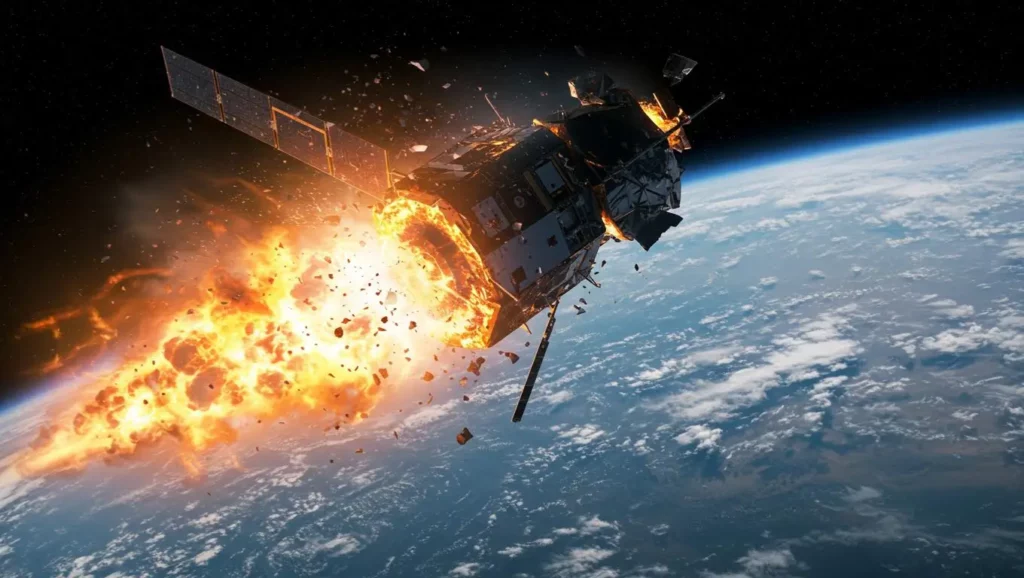 Illustration d’un satellite en orbite explosant au-dessus de la Terre, générant une pluie de débris spatiaux