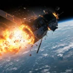 Illustration d’un satellite en orbite explosant au-dessus de la Terre, générant une pluie de débris spatiaux