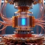 Représentation d’un processeur quantique futuriste entouré de câbles de cuivre et d’un noyau lumineux bleu.