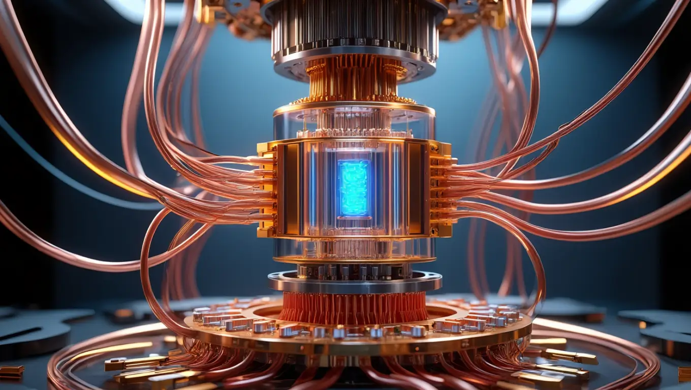 Représentation d’un processeur quantique futuriste entouré de câbles de cuivre et d’un noyau lumineux bleu.