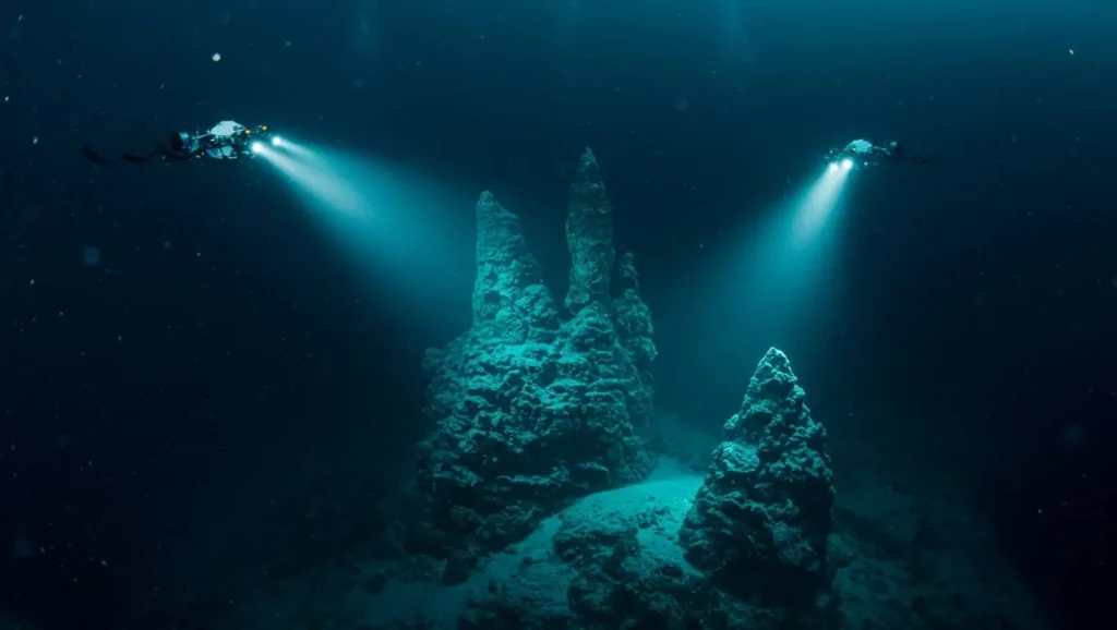 Deux plongeurs éclairent une formation rocheuse au fond de l’océan.