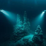 Deux plongeurs éclairent une formation rocheuse au fond de l’océan.