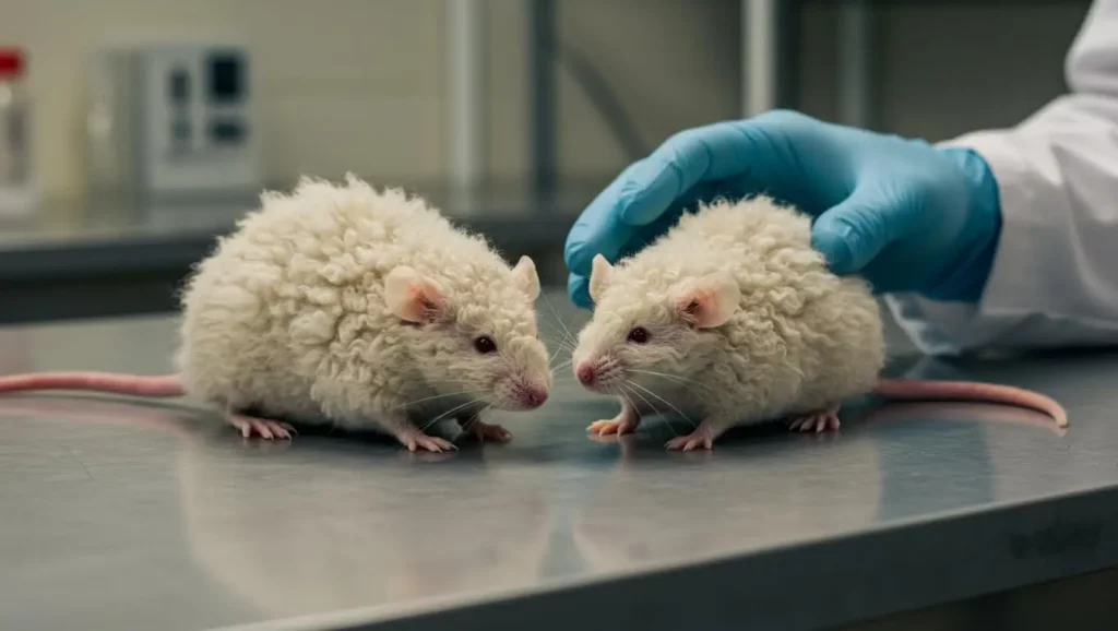 Deux souris génétiquement modifiées au pelage laineux, créées avec des gènes de mammouth, observées en laboratoire.
