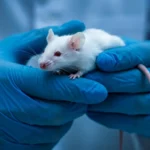 Souris de laboratoire modifiée avec un gène du langage humain, tenue par un chercheur avec des gants bleus.