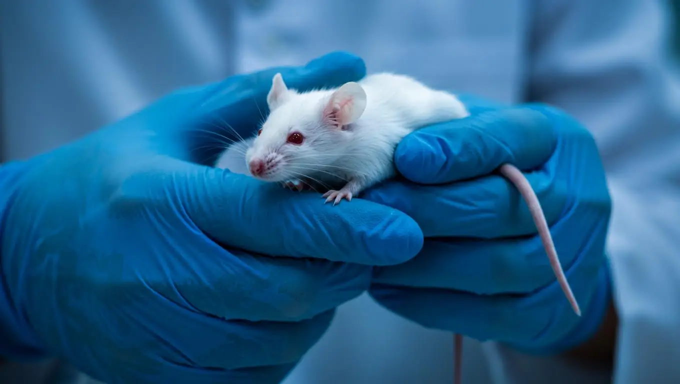 Souris de laboratoire modifiée avec un gène du langage humain, tenue par un chercheur avec des gants bleus.