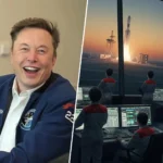 Montage montrant Elon Musk souriant et un centre de contrôle spatial chinois observant le décollage d’une fusée.