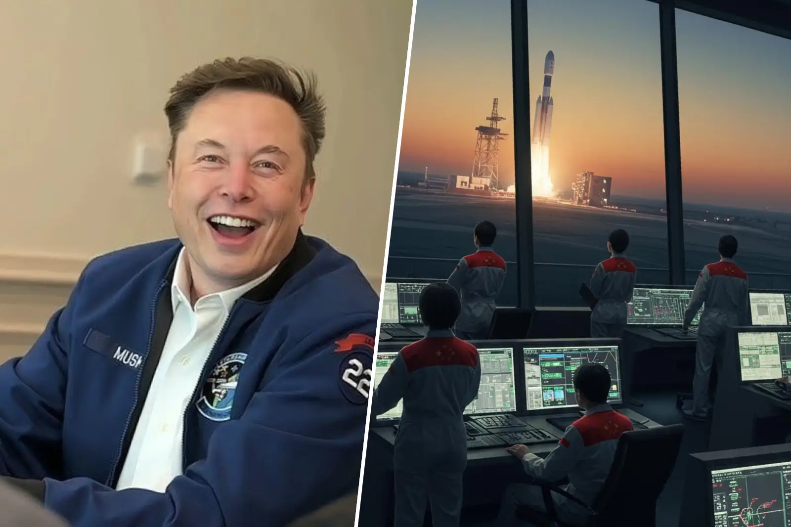 Montage montrant Elon Musk souriant et un centre de contrôle spatial chinois observant le décollage d’une fusée.