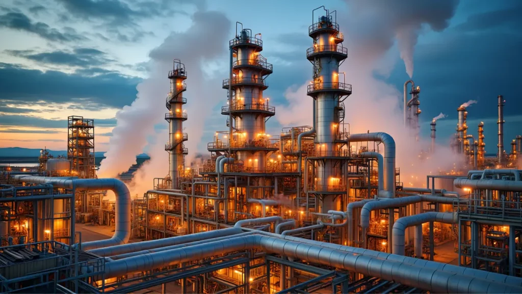 Vue d’une raffinerie industrielle avec de grandes cheminées rejetant de la vapeur et des gaz dans l’atmosphère.