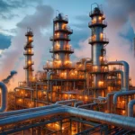 Vue d’une raffinerie industrielle avec de grandes cheminées rejetant de la vapeur et des gaz dans l’atmosphère.