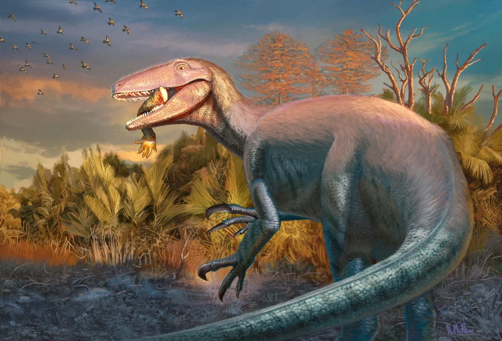 Illustration réaliste d’un dinosaure superprédateur dévorant une proie dans un environnement préhistorique