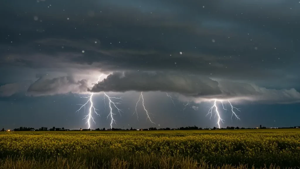 Orage spectaculaire au Canada avec plusieurs éclairs illuminant le ciel sombre au-dessus d’un champ de colza.