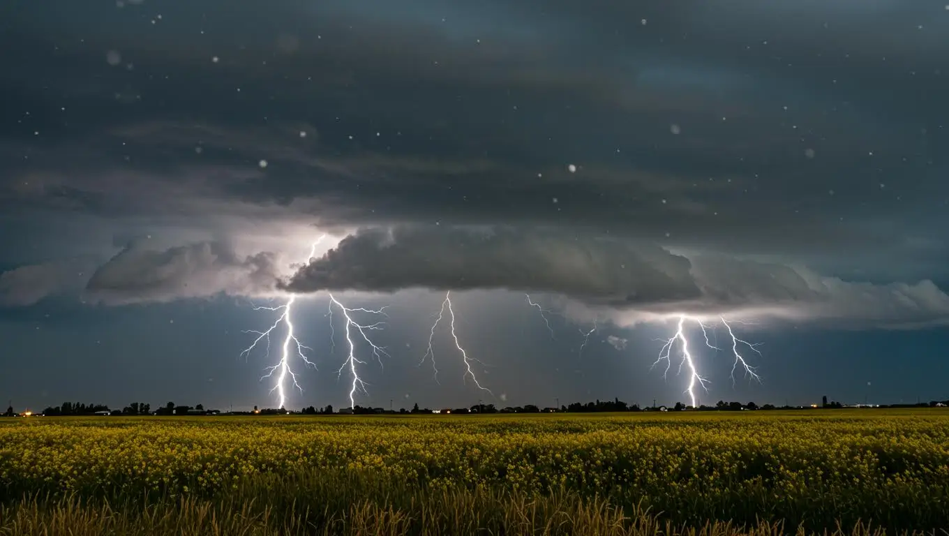 Orage spectaculaire au Canada avec plusieurs éclairs illuminant le ciel sombre au-dessus d’un champ de colza.