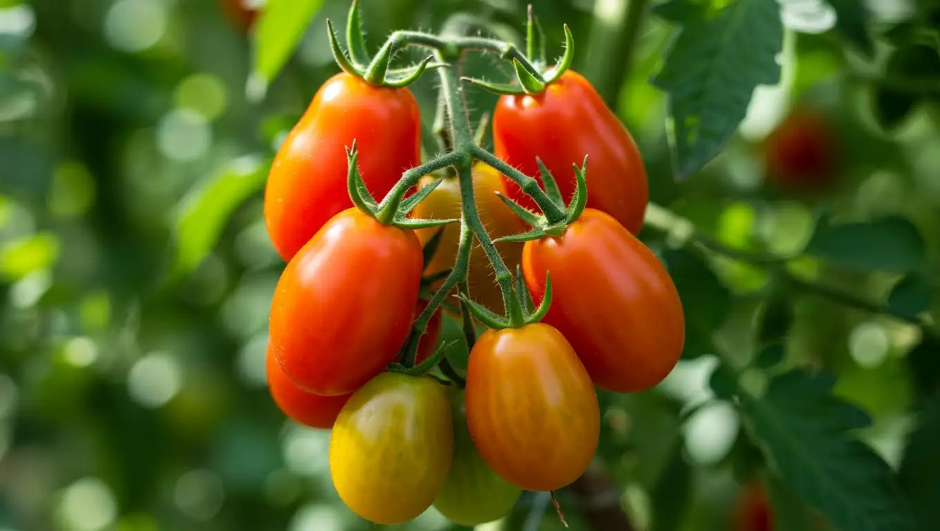 Grappe de tomates rouges et jaunes Scarlet Sunrise mûrissant au soleil dans un potager.