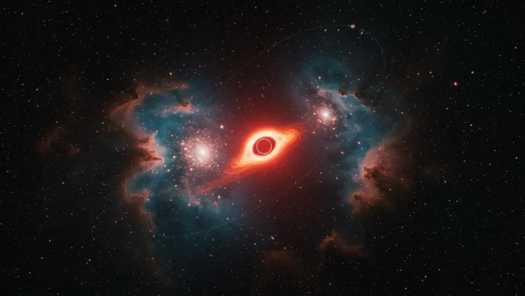 Illustration d’un trou noir lumineux entouré de gaz et d’étoiles, lié aux théories de Stephen Hawking.