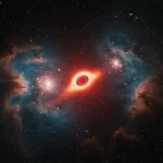 Illustration d’un trou noir lumineux entouré de gaz et d’étoiles, lié aux théories de Stephen Hawking.