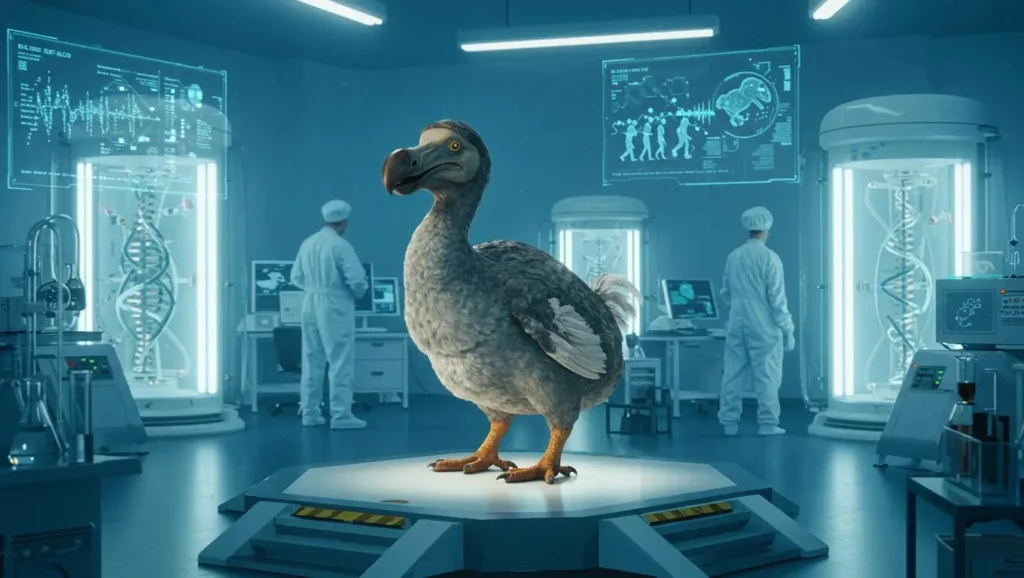 Reconstitution numérique d’un dodo dans un laboratoire futuriste avec des chercheurs et des séquences ADN affichées sur des écrans.