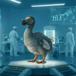 Reconstitution numérique d’un dodo dans un laboratoire futuriste avec des chercheurs et des séquences ADN affichées sur des écrans.