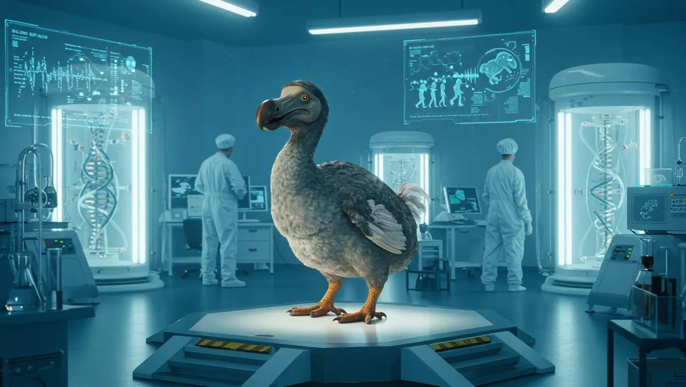 Reconstitution numérique d’un dodo dans un laboratoire futuriste avec des chercheurs et des séquences ADN affichées sur des écrans.