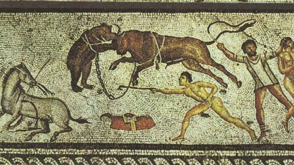 Mosaïque qui représente des gladiateurs contre un ours
