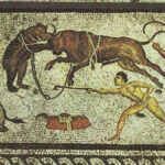 Mosaïque qui représente des gladiateurs contre un ours
