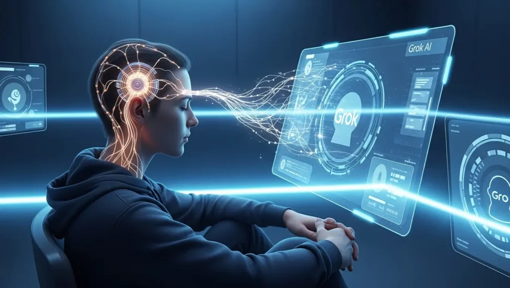 Cerveau humain relié à une interface holographique par une puce neuronale et l’IA Grok