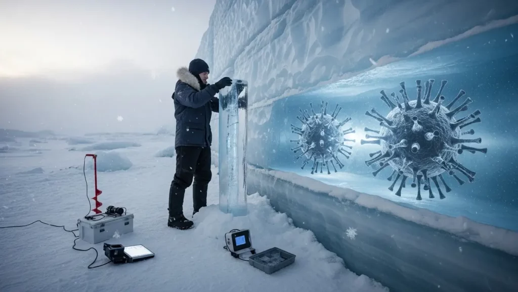 Un scientifique extrait un bloc de glace au Groenland avec une illustration de virus piégés dans la glace.