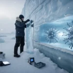 Un scientifique extrait un bloc de glace au Groenland avec une illustration de virus piégés dans la glace.