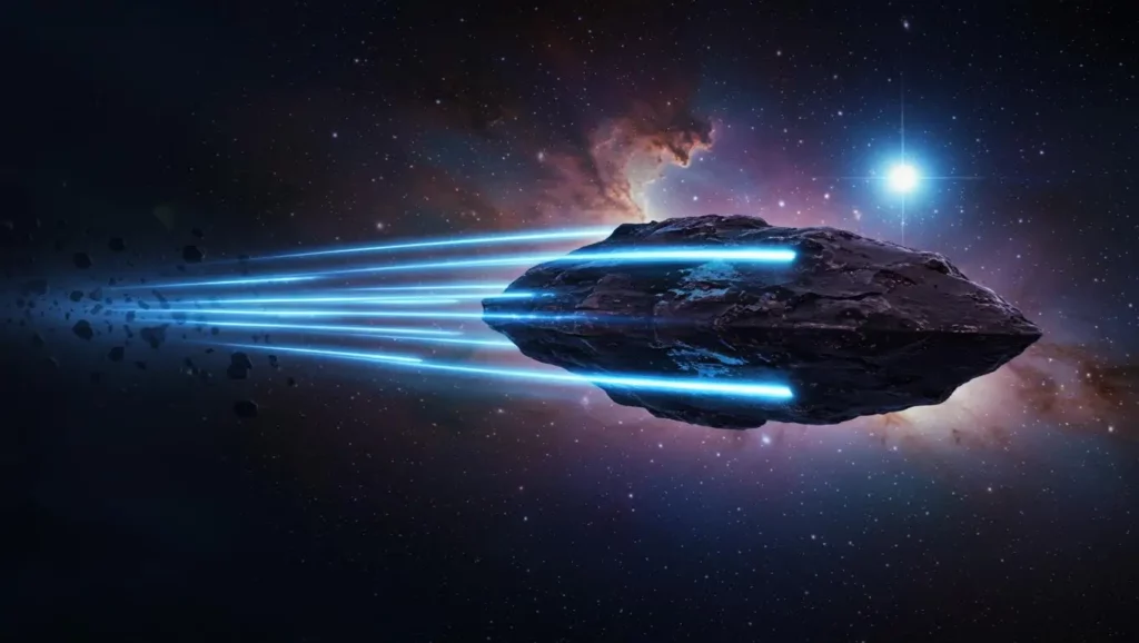 Illustration d’un objet interstellaire sombre filant dans l’espace, traversé par des faisceaux lumineux bleus.