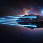 Illustration d’un objet interstellaire sombre filant dans l’espace, traversé par des faisceaux lumineux bleus.
