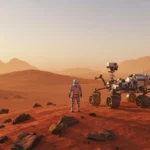 Un astronaute et un rover explorent un paysage rocheux sur Mars.