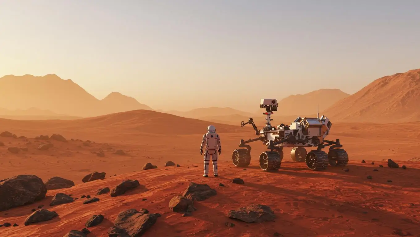 Un astronaute et un rover explorent un paysage rocheux sur Mars.