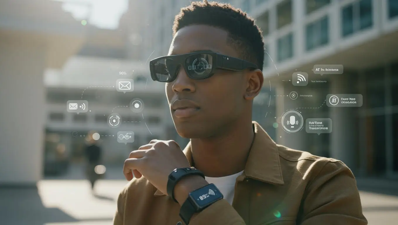 Homme utilisant des lunettes connectées Ray-Ban Meta Display avec affichage d’icônes numériques en réalité augmentée