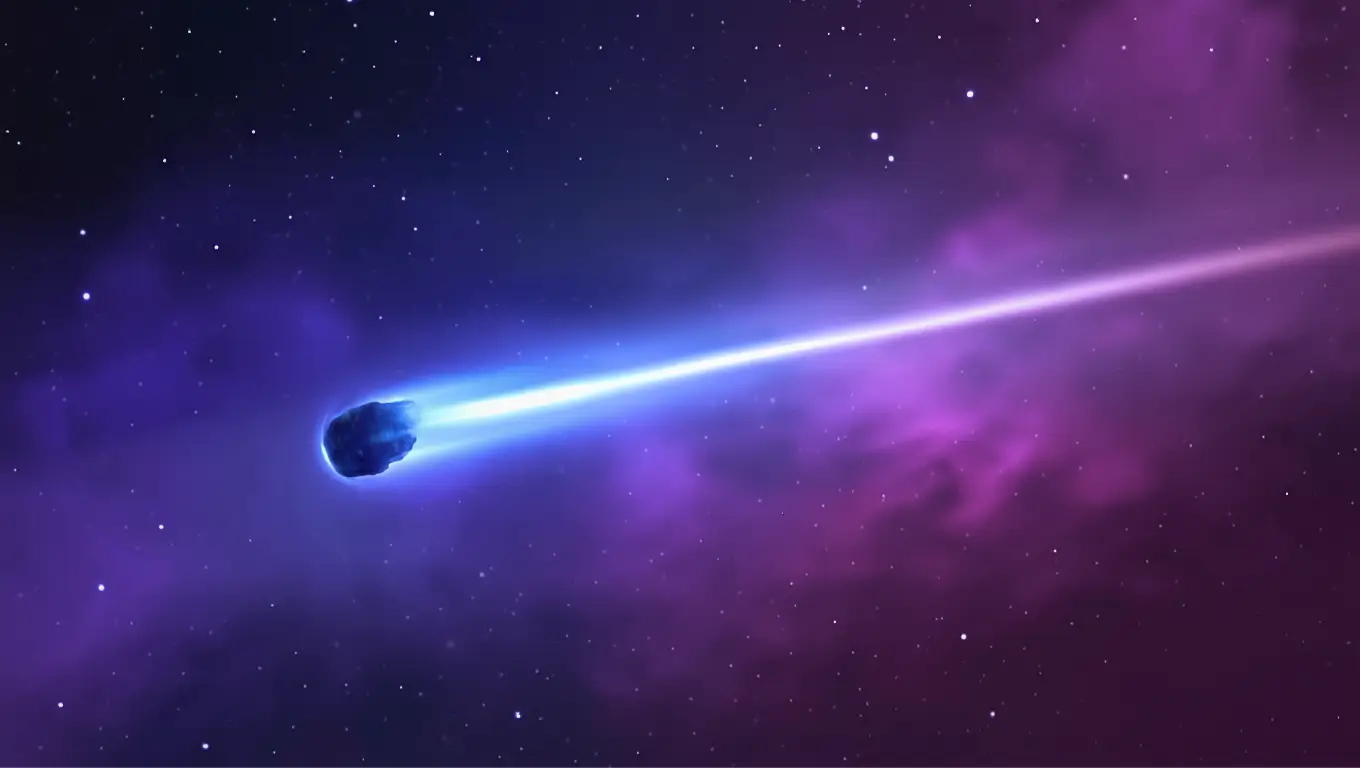 Comète traversant l’espace avec une longue traînée lumineuse bleue sur fond de nébuleuse violette.