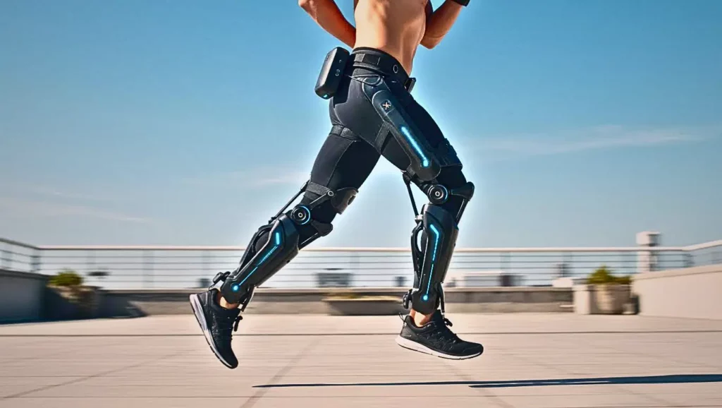 Homme équipé d’un exosquelette Hypershell en train de courir en extérieur, symbolisant la puissance augmentée par la technologie.