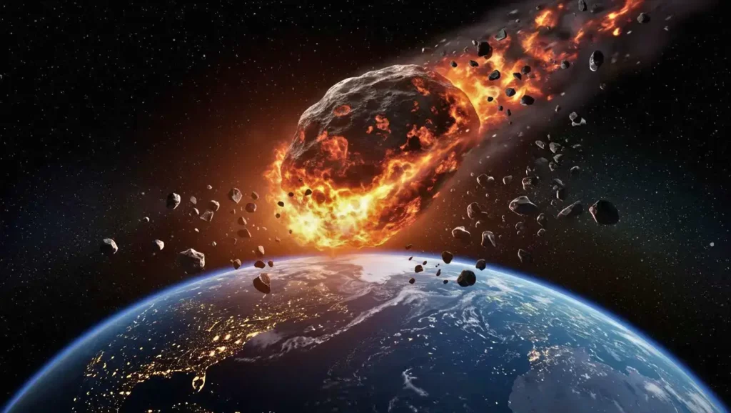 Représentation d’un astéroïde en feu traversant l’espace et se dirigeant vers la Terre, entouré de débris rocheux.