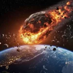 Représentation d’un astéroïde en feu traversant l’espace et se dirigeant vers la Terre, entouré de débris rocheux.