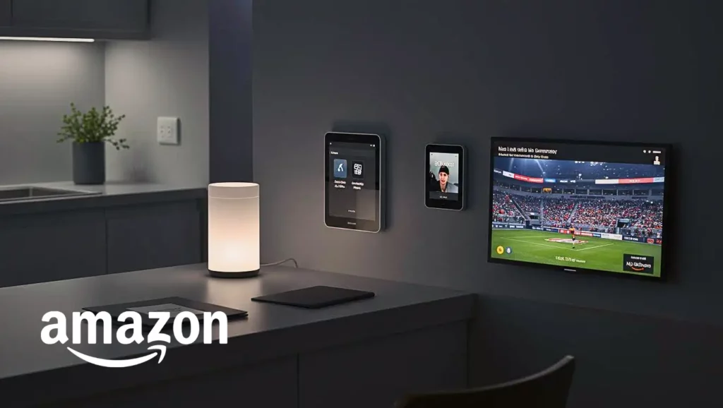 Maison connectée équipée d’appareils Amazon intelligents, avec écrans muraux et lampe contrôlée par IA illustrant la domotique évoluée.
