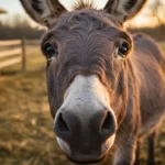 Portrait d’un âne curieux en gros plan, dans une ferme au coucher du soleil, avec une lumière dorée en arrière-plan.